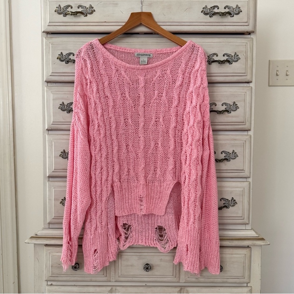 Bubblegum Pink Distressed Cable Knit Sweater